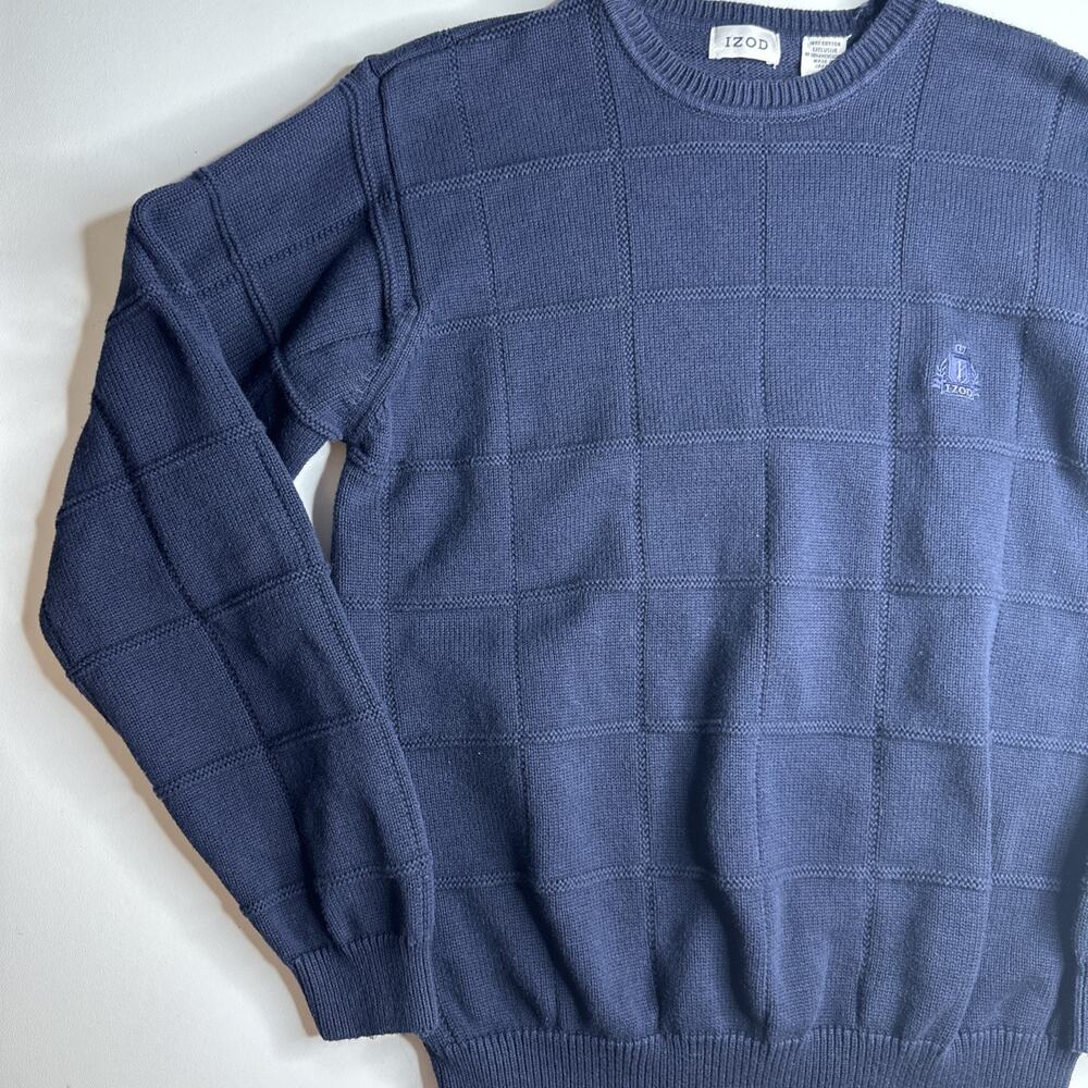 Vintage IZOD Sweater Mens Medium Navy Blue Textured Knit Crewneck Fisherman 90s - Picture 3 of 9